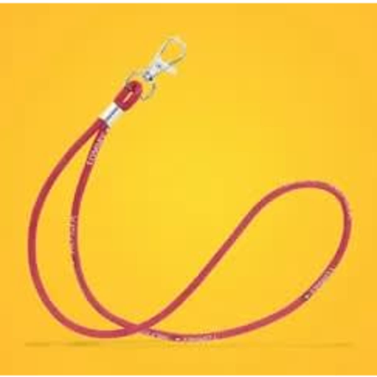 A red cord lanyard with a metal clip on one end, set against a bright yellow background.