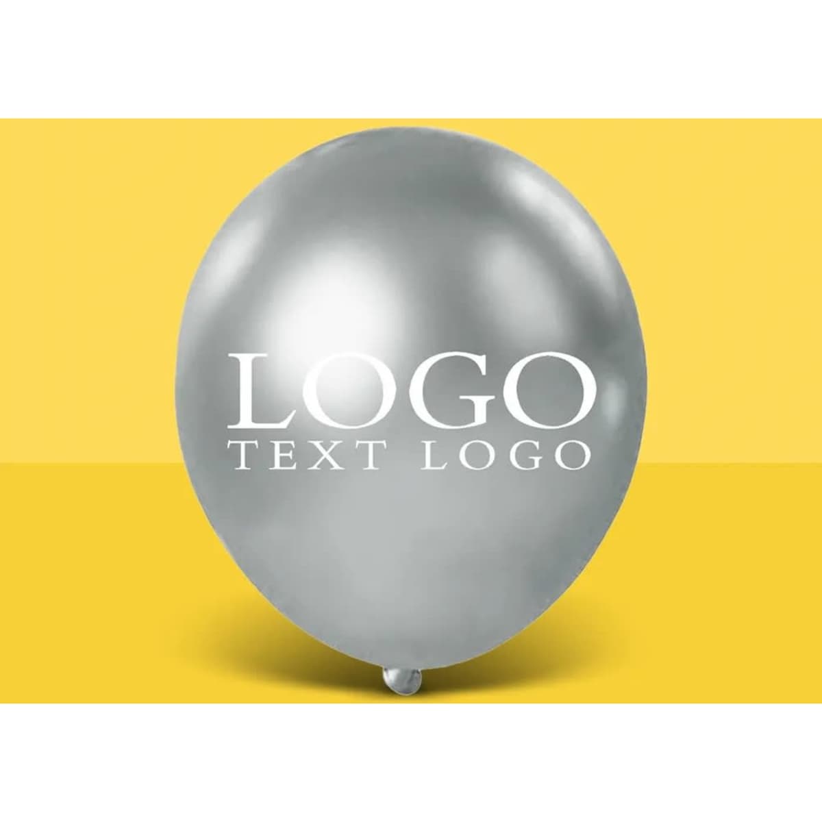 A metallic silver balloon with a logo, set against a yellow background.
