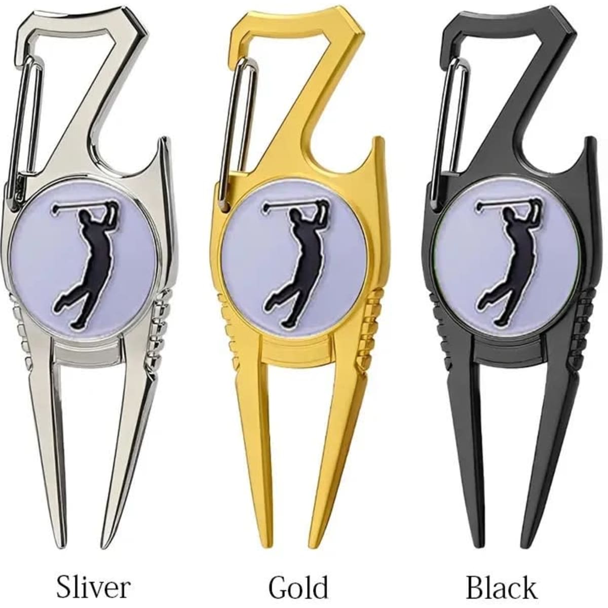 Three golf divot repair tools in silver, gold, and black, each featuring a logo and a clip for attachment.