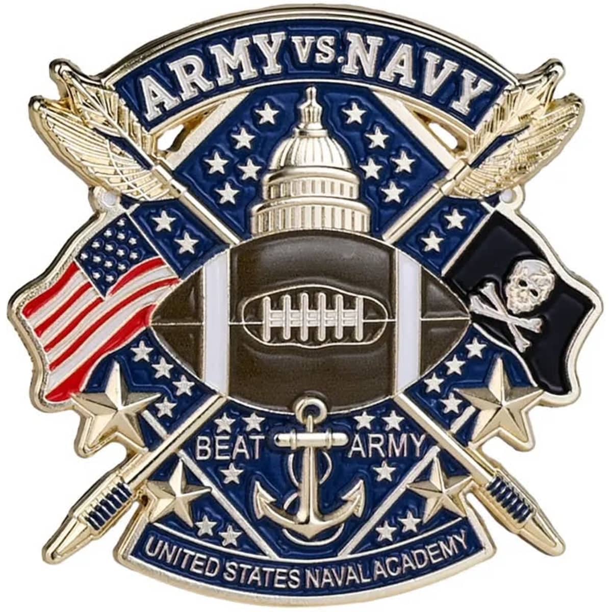 A decorative pin featuring colours of navy blue, gold, and white, depicting a football and military symbolism.