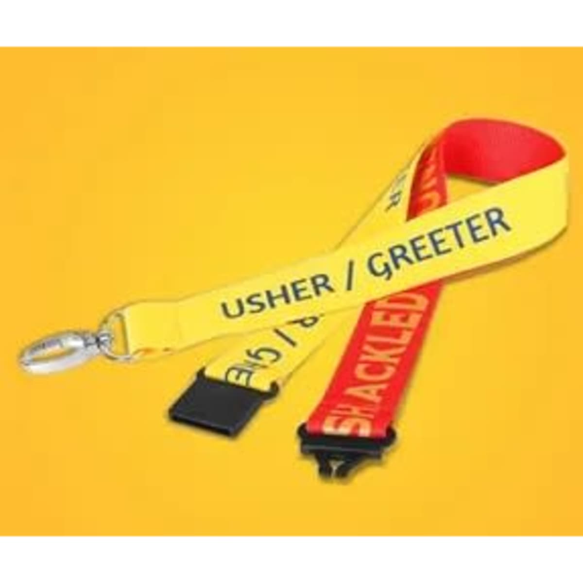 A two-tone lanyard in yellow and red with a clip attachment and branding.