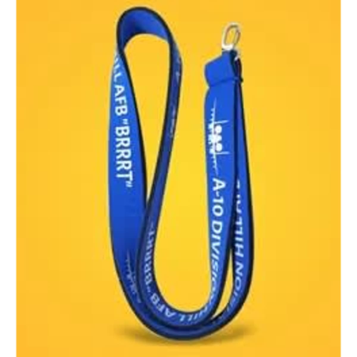 A blue neoprene lanyard with a clip, featuring a logo and text design elements.