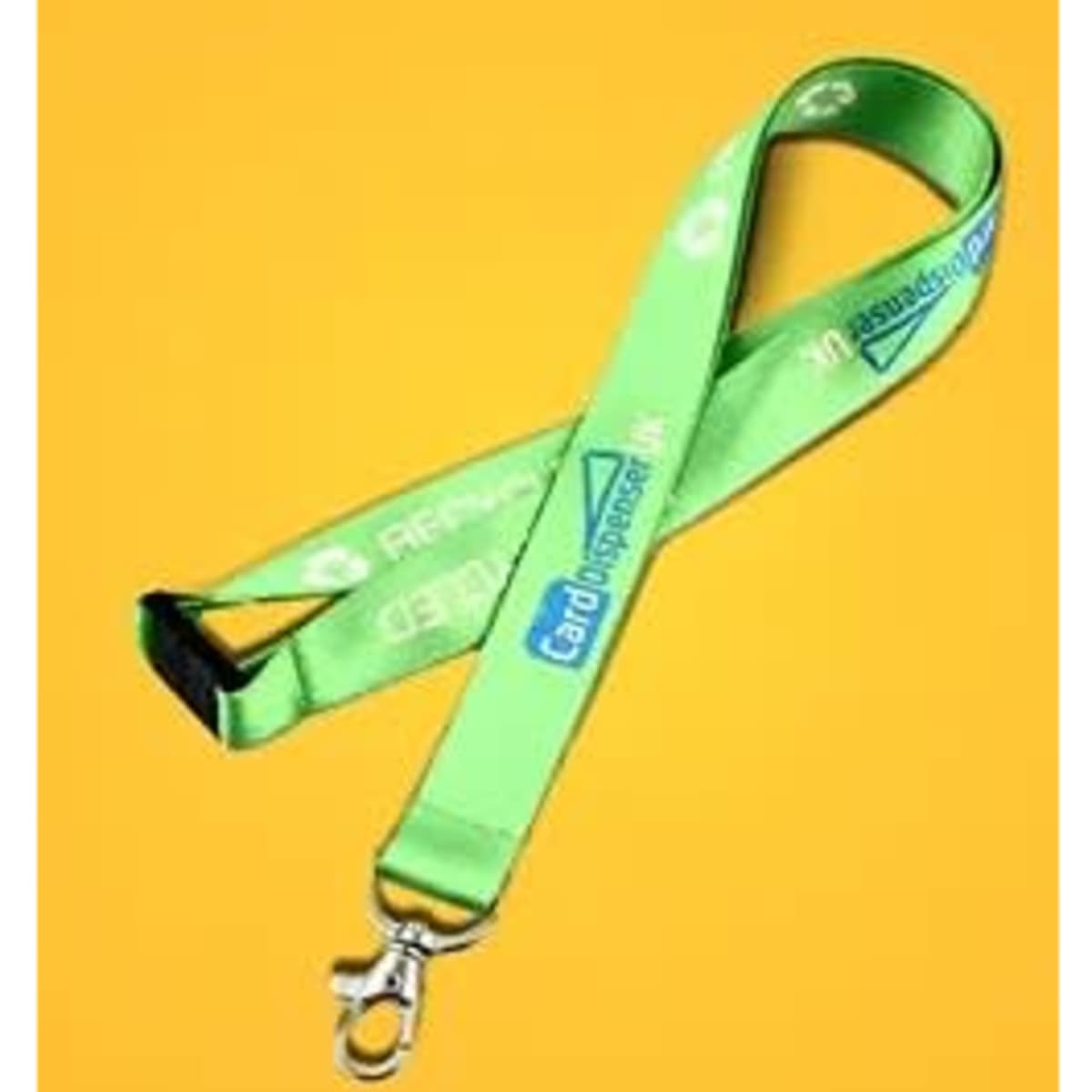 A green recycled polyester lanyard with a clip and a logo.