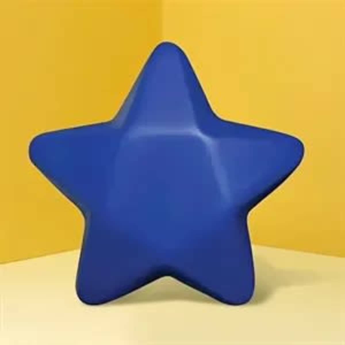 A blue star-shaped stress ball against a yellow background, featuring a simple, smooth design and a logo.
