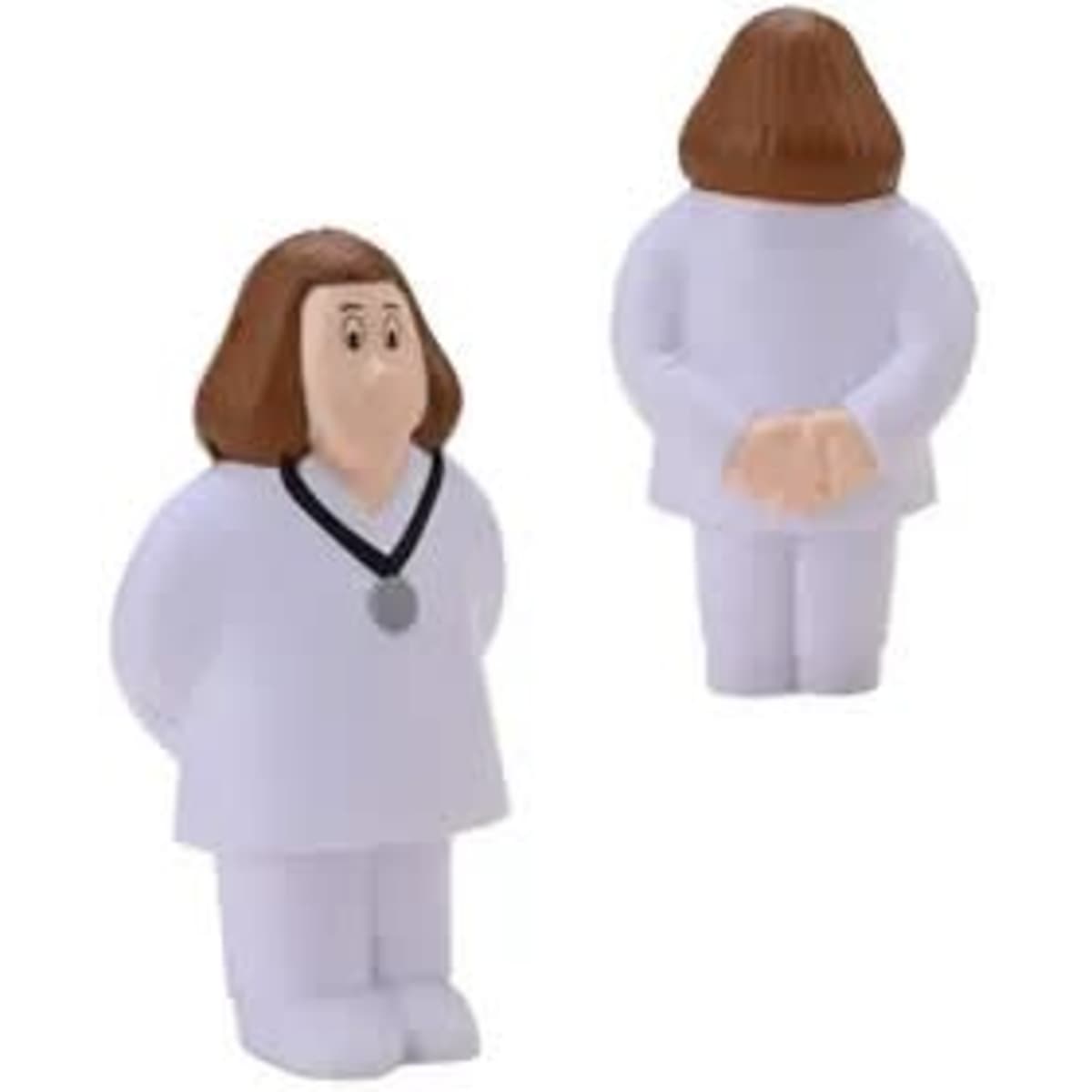 A white stress ball in the shape of a doctor figure with brown hair and a simple design. Features a logo.
