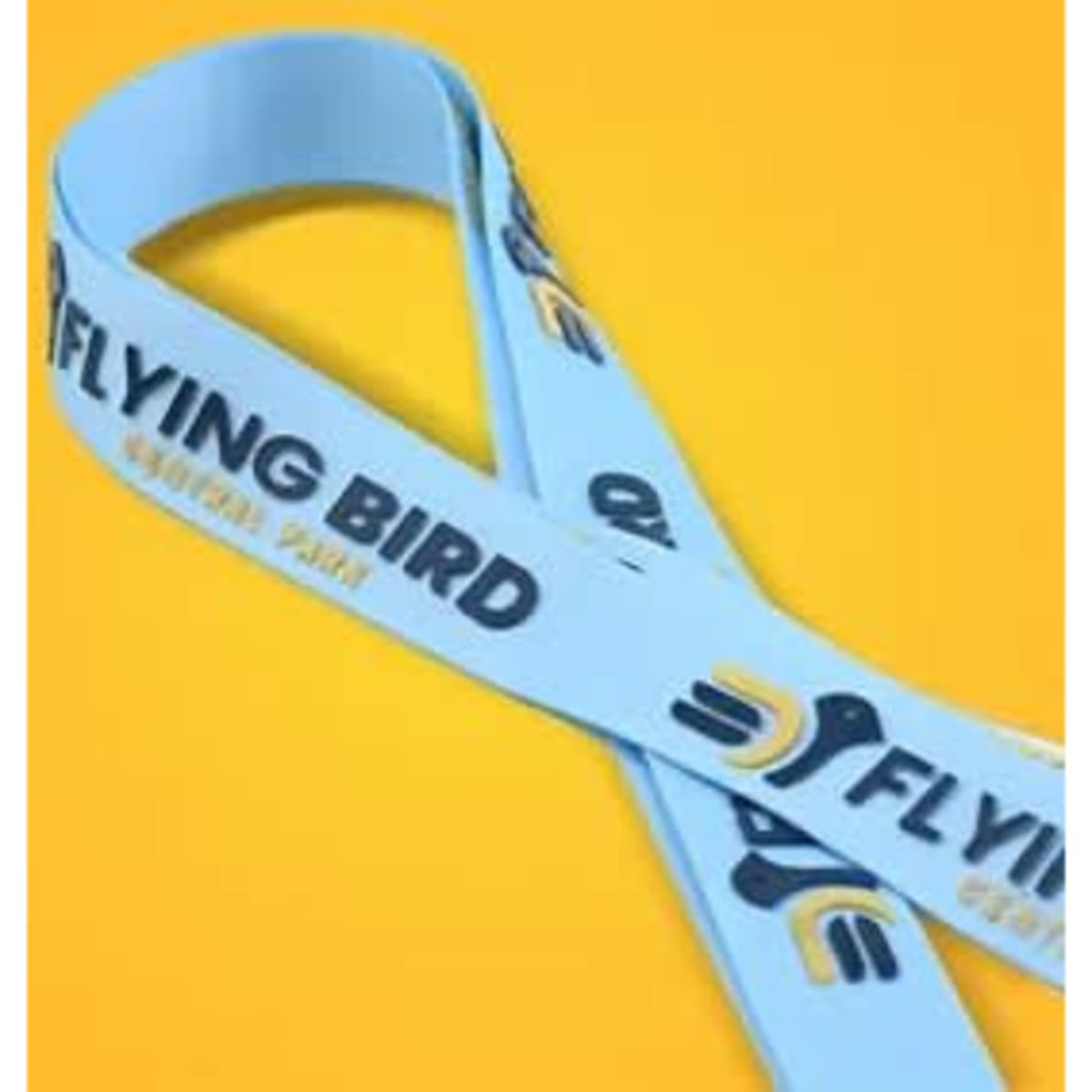 A light blue 3D silicone lanyard with a logo, featuring the words "FLYING BIRD" on it.
