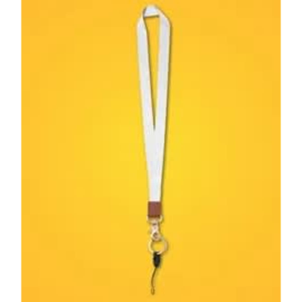 A white and brown custom polyester leather stitching lanyard with a metal clip and attachment.