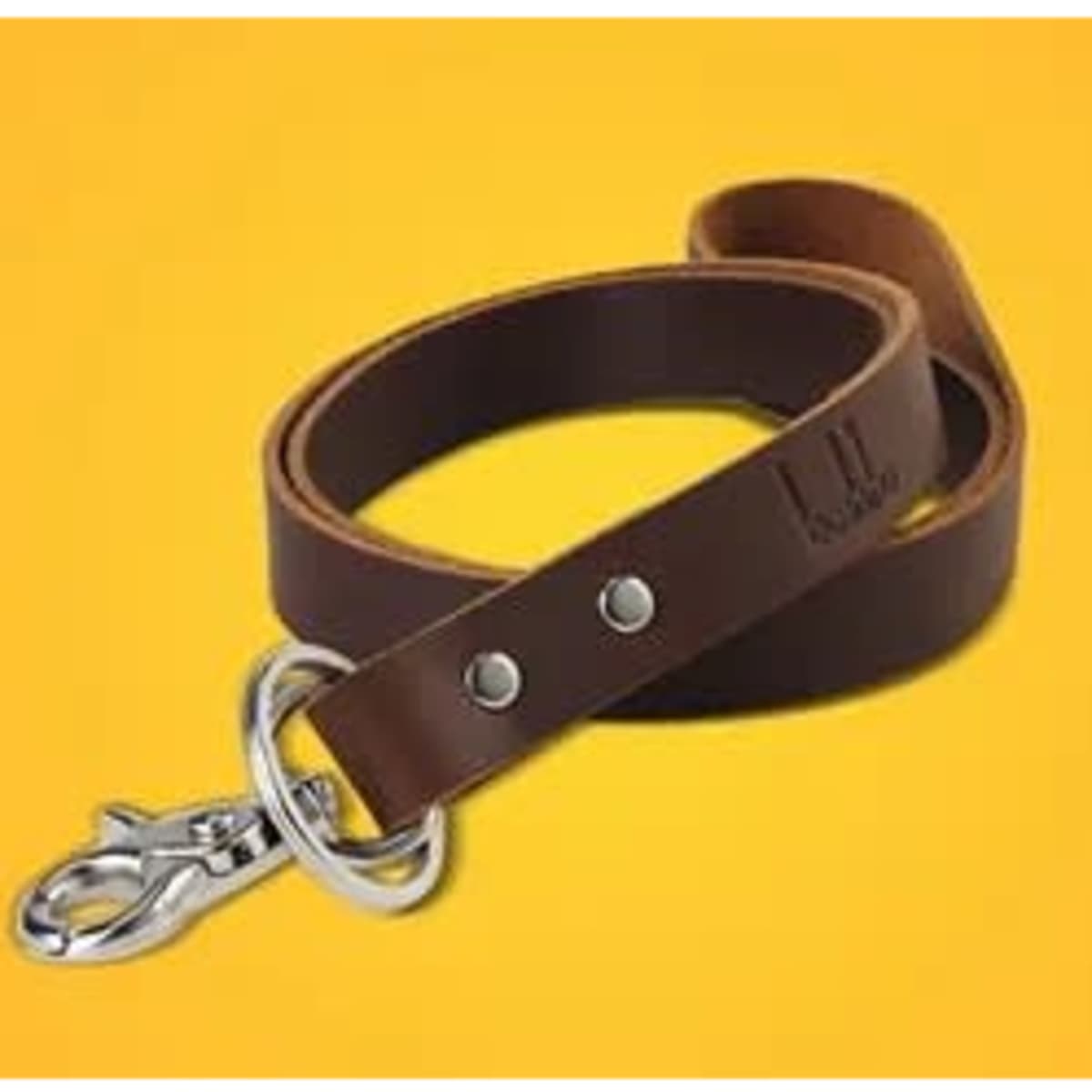 A brown Crazy Horse leather lanyard with a silver clip and metal accents against a yellow background.