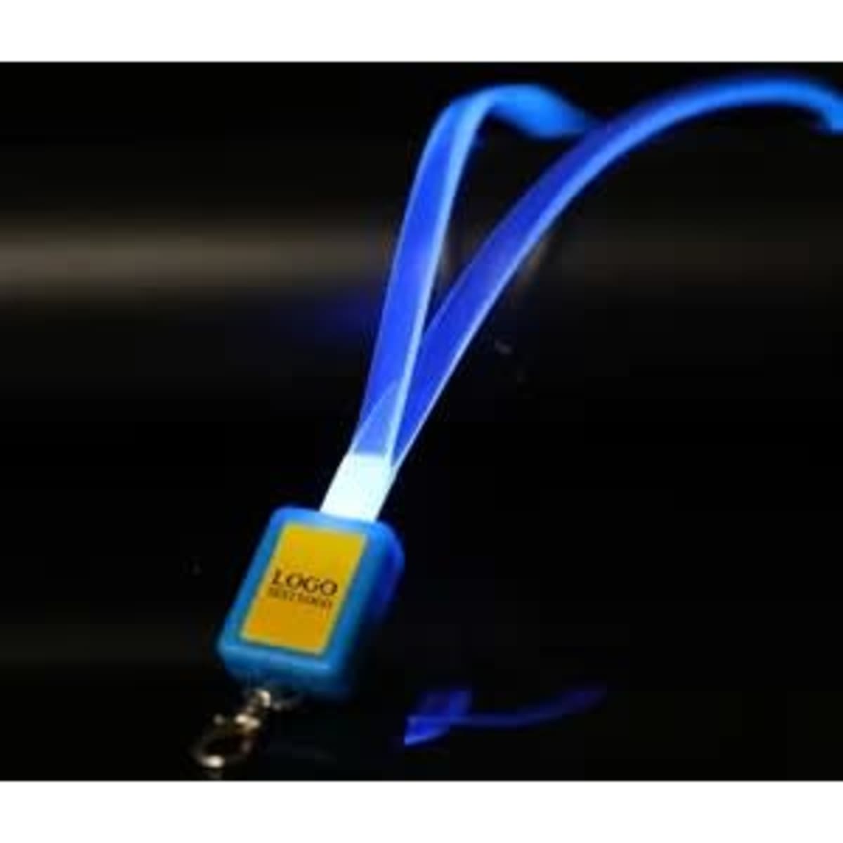 A blue LED light-up lanyard featuring a rectangular logoed attachment.