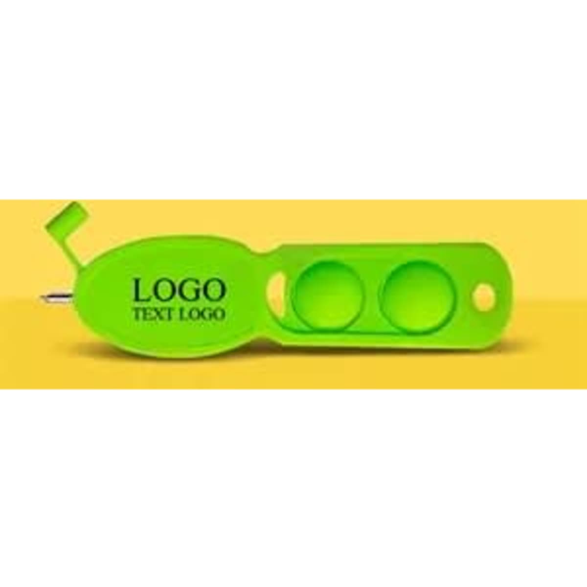 A green custom push pop pen keychain with a carabiner clip and two circular push sections, featuring a logo.