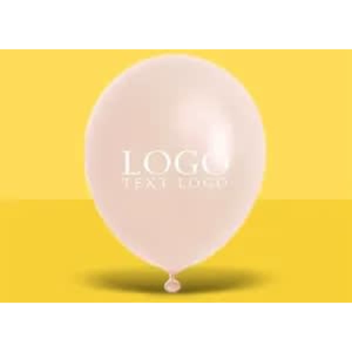 A pale pink latex balloon with a logo, set against a yellow background.