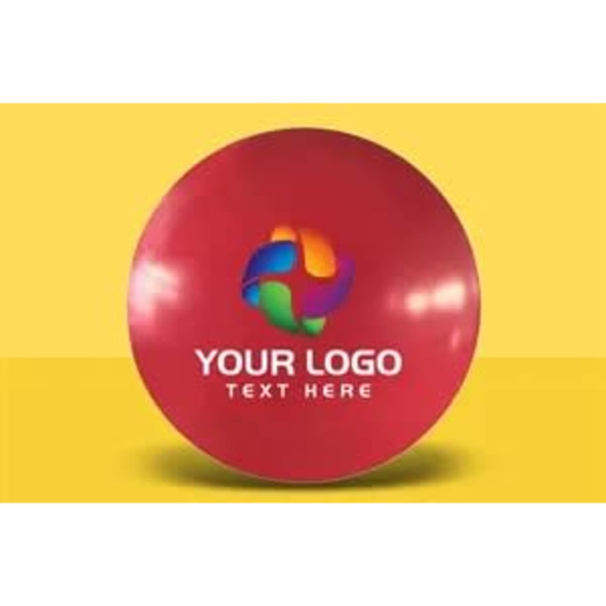 A red promotional balloon with a circular shape and a logo in the centre, set against a yellow background.