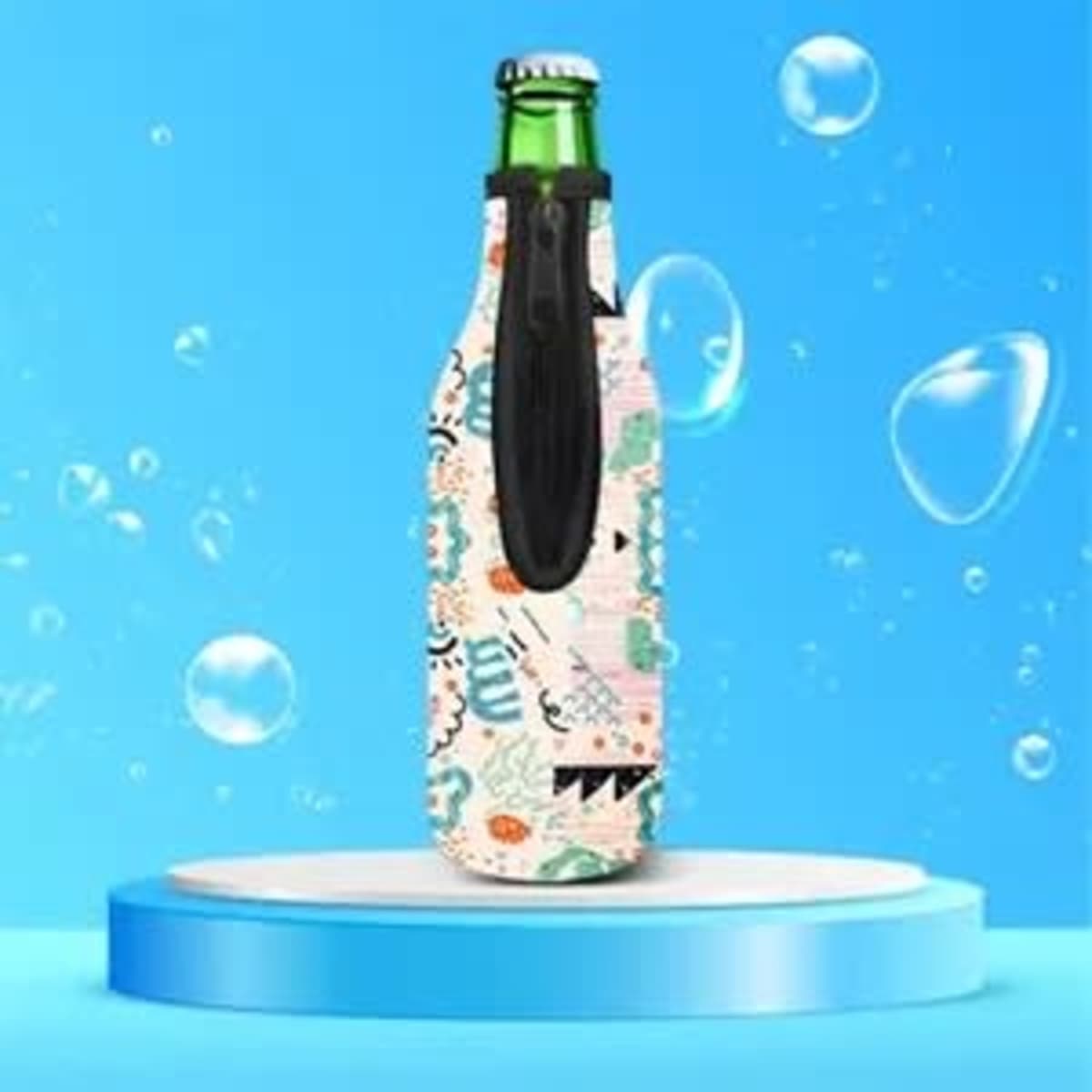 A drink bottle cooler in white with colourful patterns, featuring a zippered design and a logo.