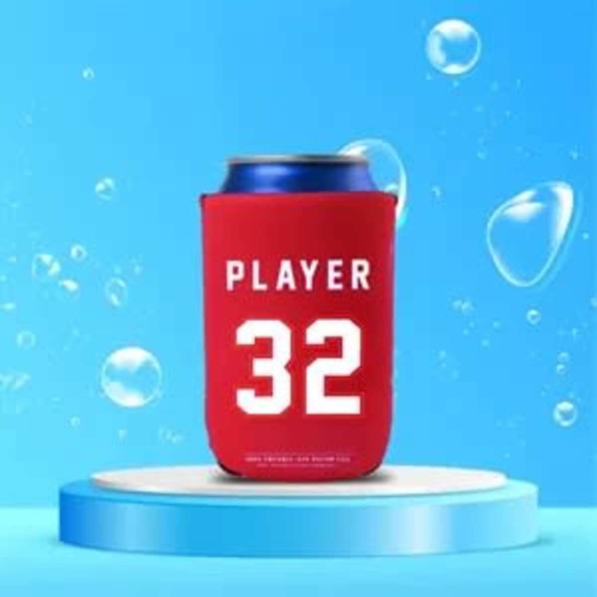 A red neoprene can cooler with a logo, featuring a blue drink can inside, against a blue background with bubbles.