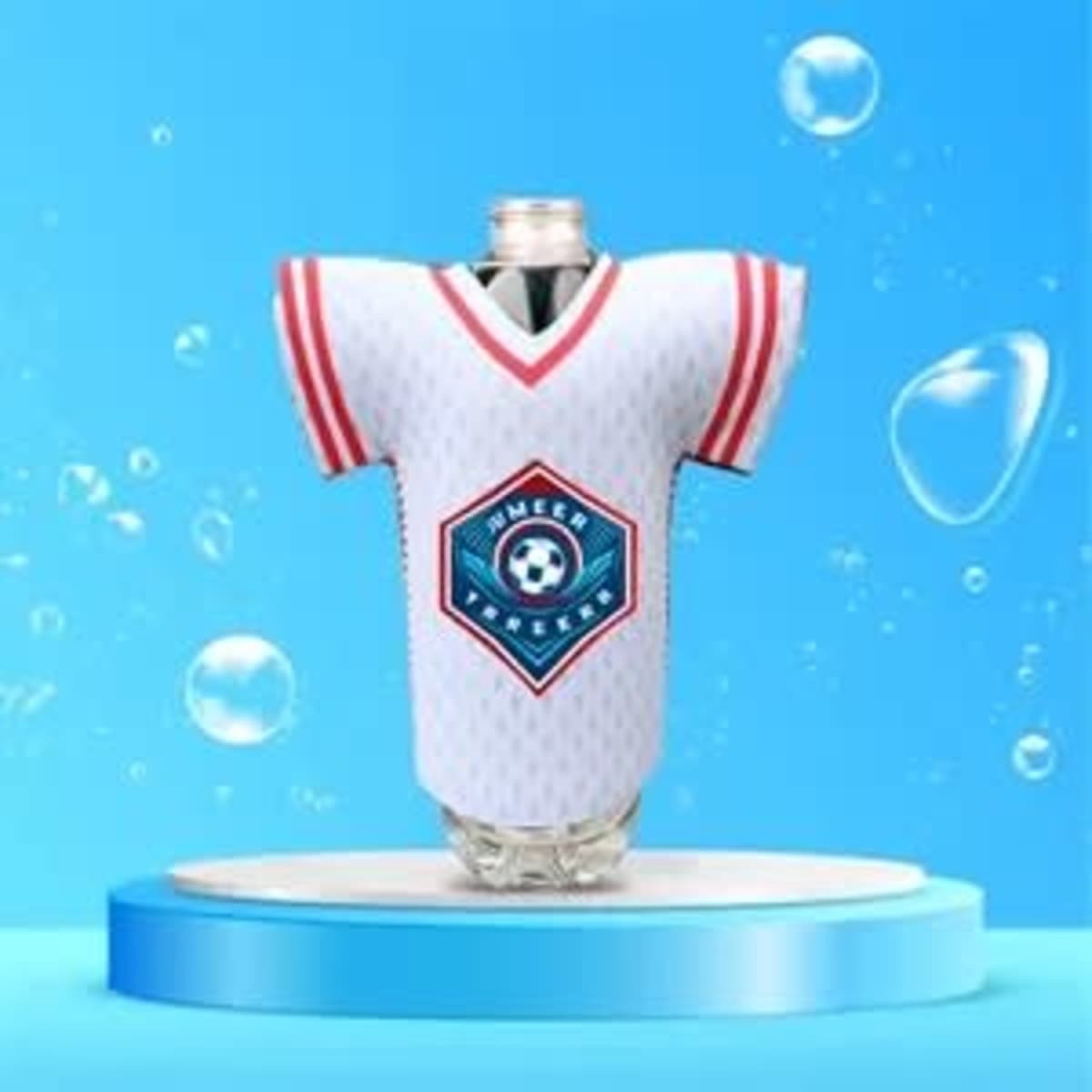 A drink bottle with a white jersey sleeve design featuring red stripes and a logo. Set against a blue background.