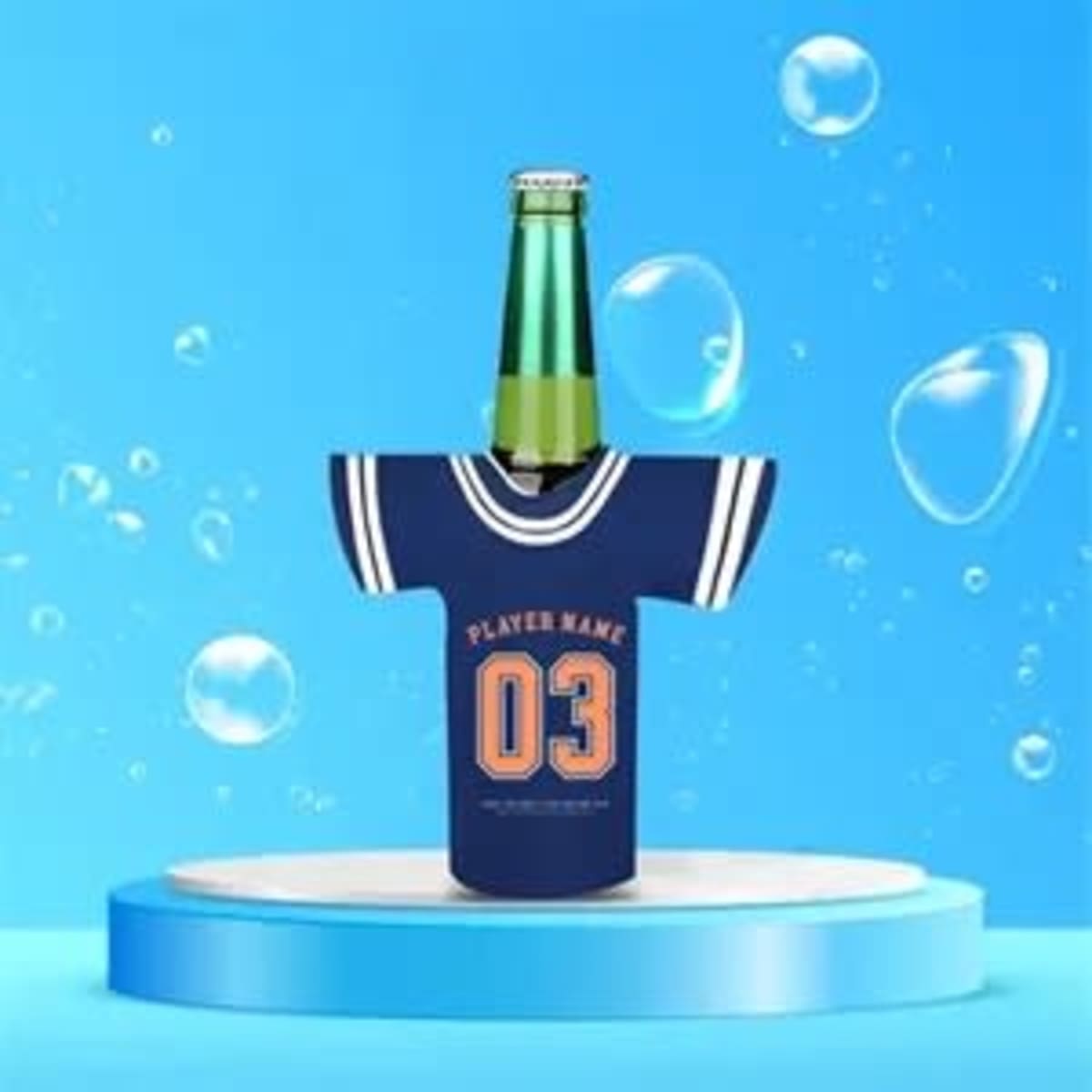 A drink bottle cooler in blue resembling a jersey, featuring a round neck and short sleeves, with a logo.