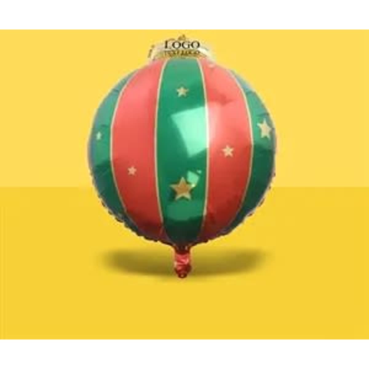A round aluminium balloon featuring red and green stripes with stars, set against a yellow background.