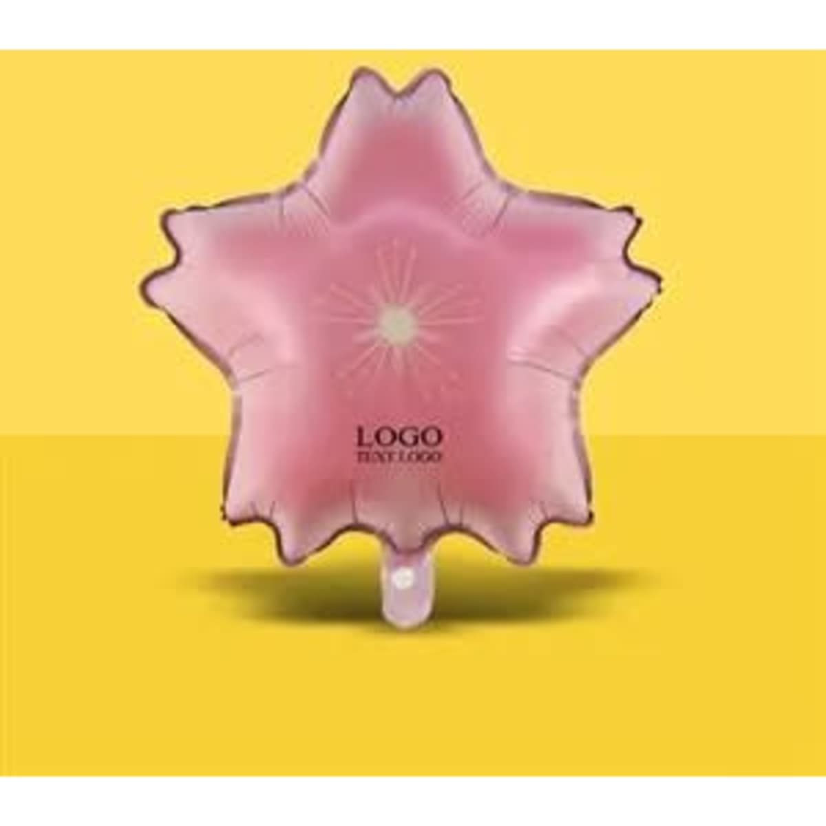 A pink cherry blossom-shaped aluminum film balloon with a logo displayed on the front.