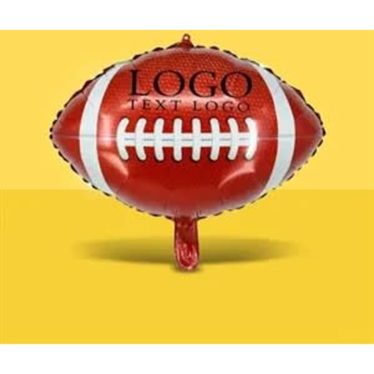 A red sports aluminum film balloon shaped like a football, featuring white stripes and a logo.