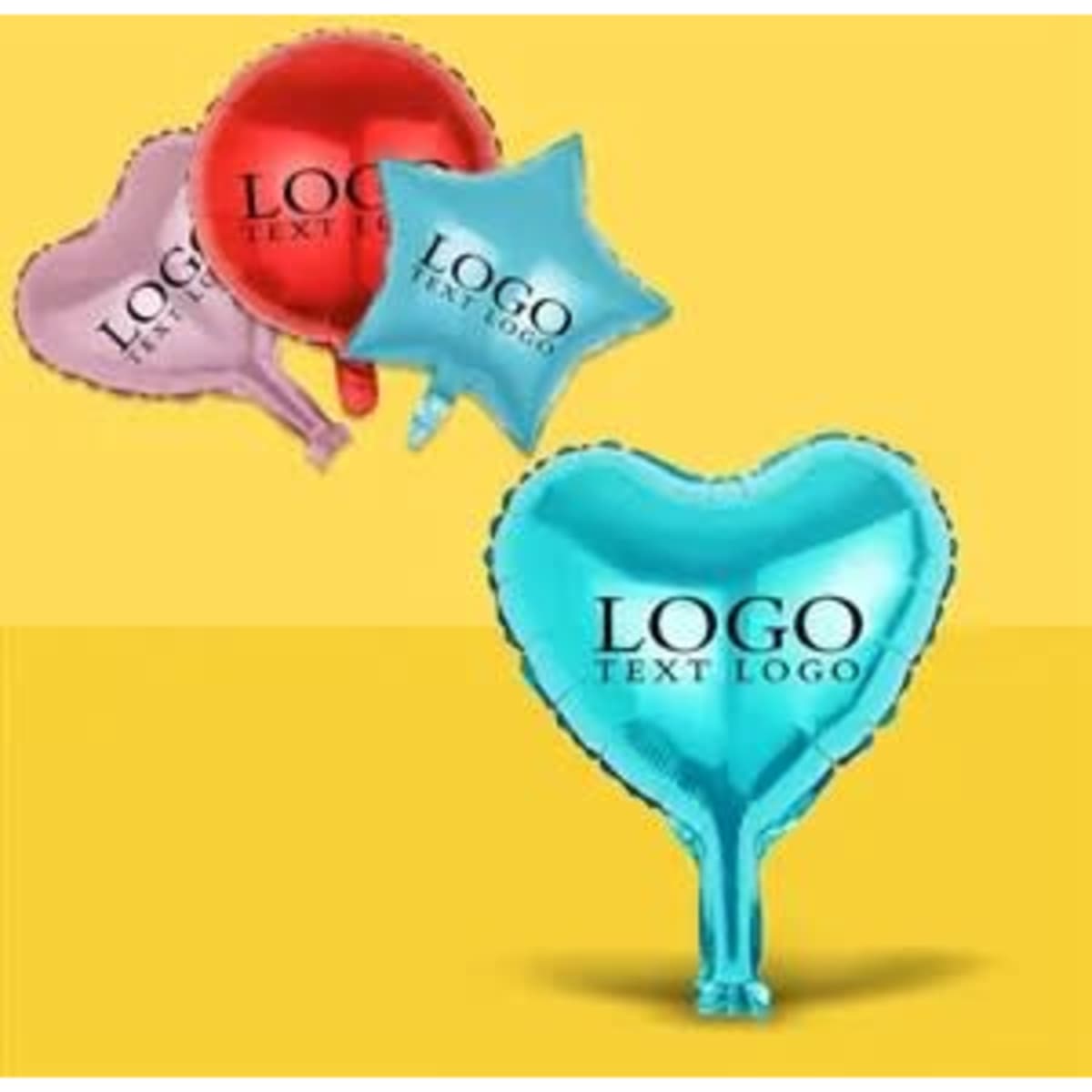 Colourful balloons in pink, red, and blue shapes, featuring a logo on each balloon.
