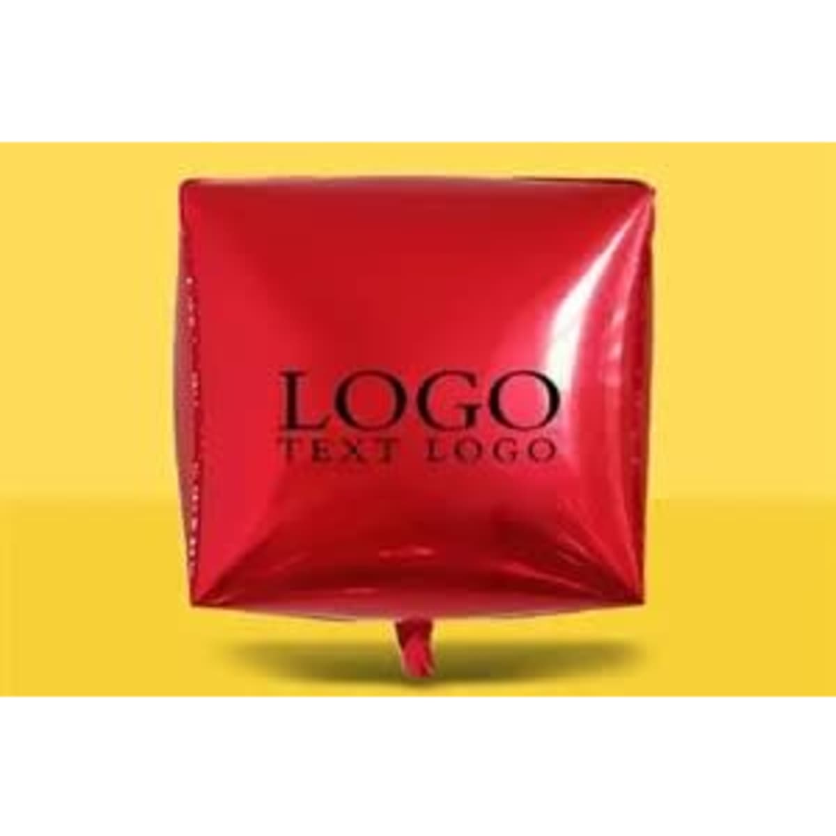 A square red aluminium balloon featuring a logo, set against a bright yellow background.