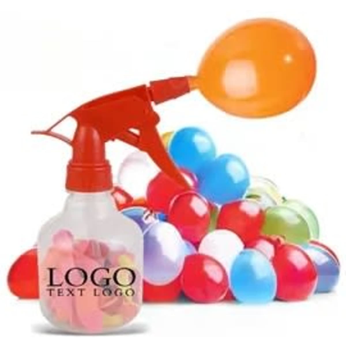 A drink bottle with a red nozzle, filled with colourful water balloons in the background. It features a logo.