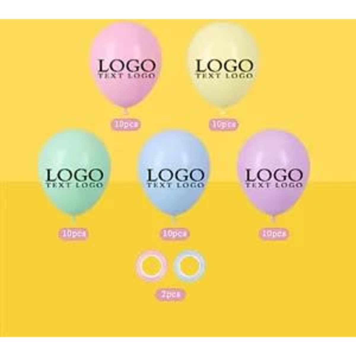 A set of pastel balloons in pink, blue, and green, featuring a logo, along with two balloon ties.