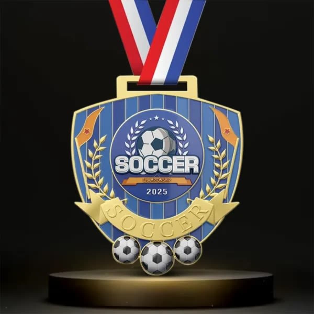 A UV printed soccer medal with blue, white, and red details, featuring football graphics and a ribbon.
