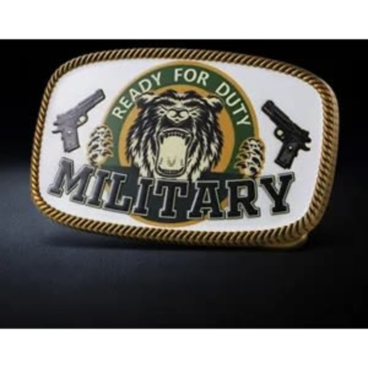 A rectangular UV printed belt buckle featuring a lion emblem and guns, primarily in green and white with gold trim.