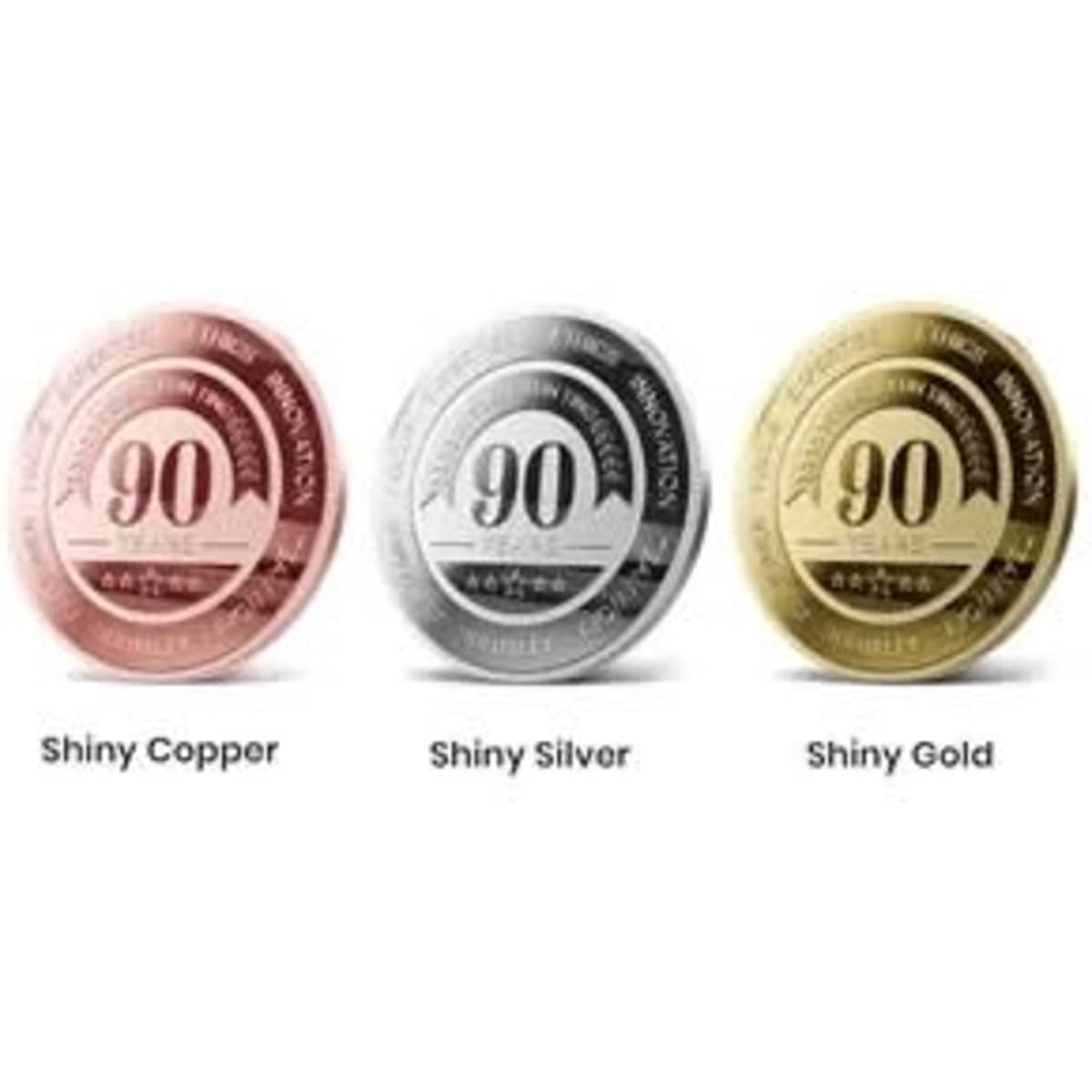 Three custom 2D die struck mint coins in shiny copper, shiny silver, and shiny gold finishes are displayed. Each coin has a logo.