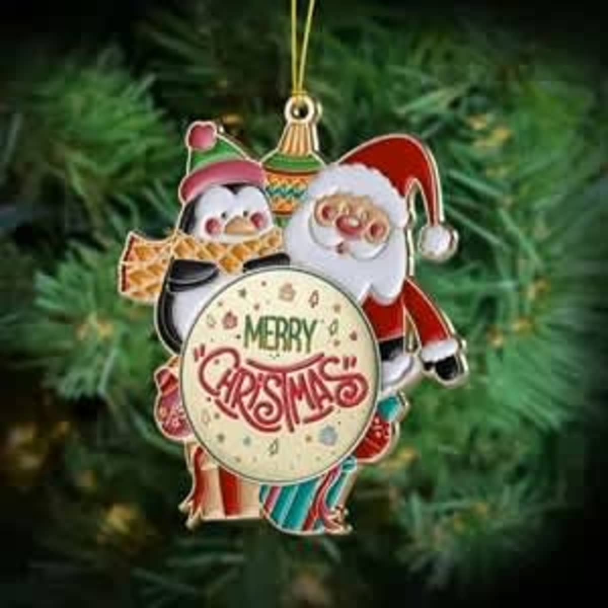 A festive ornament featuring a penguin and Santa Claus on a Christmas tree background, with a "Merry Christmas" design.