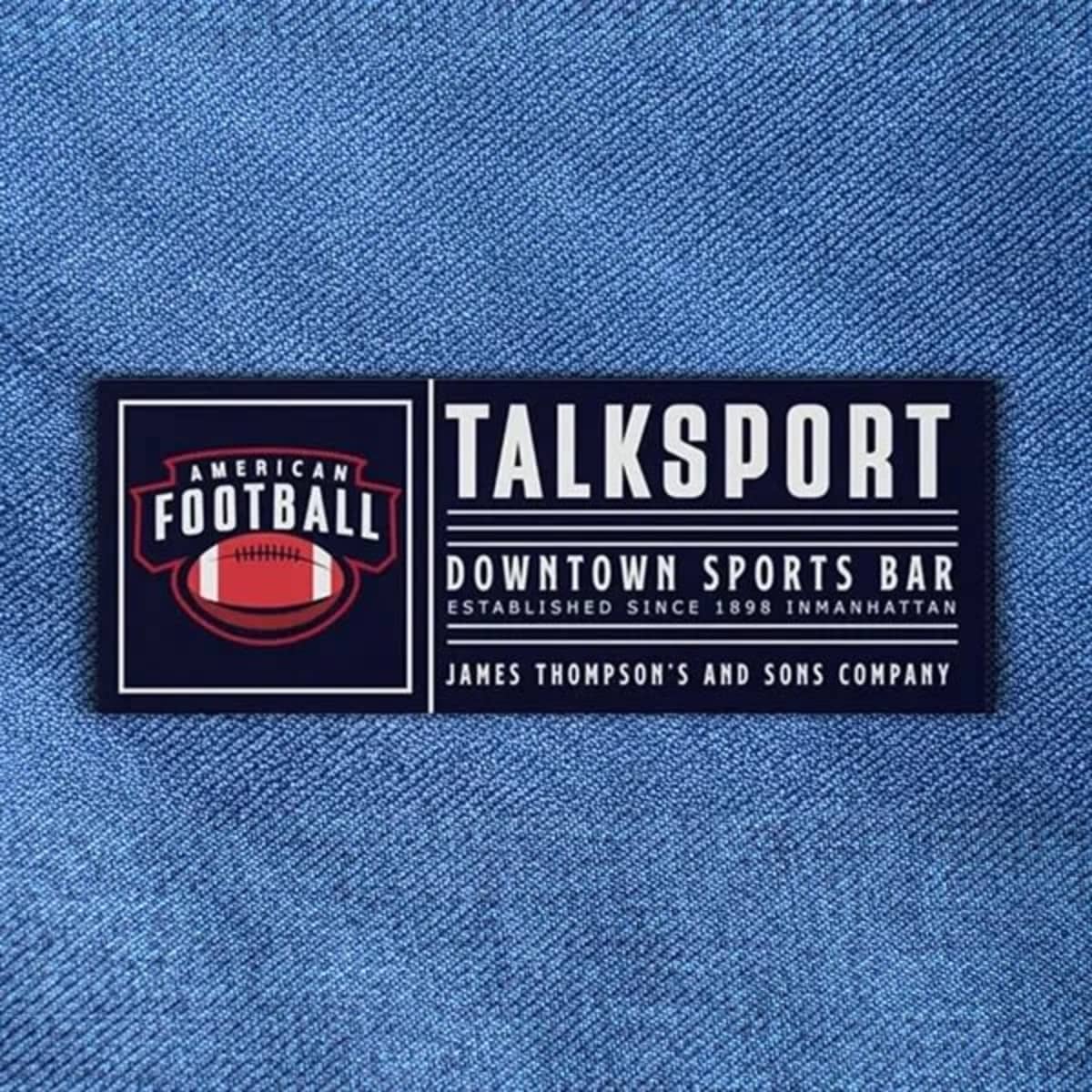 A rectangular promotional label in navy and white with a sports bar logo and an American football graphic.