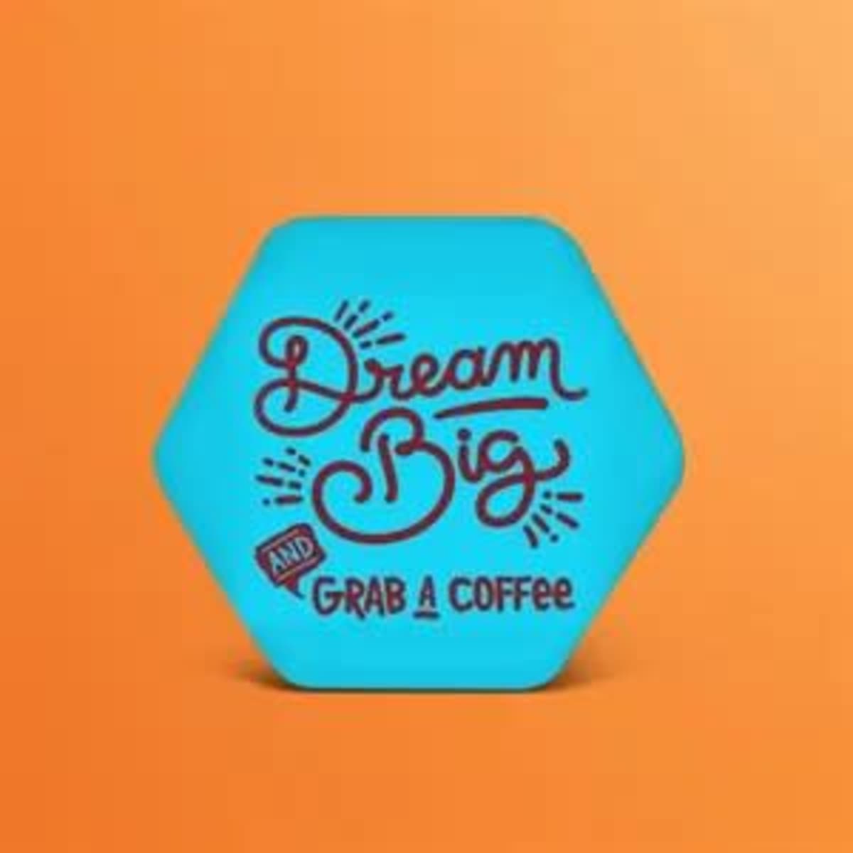 A hexagonal button in vibrant teal with a playful design and a logo.