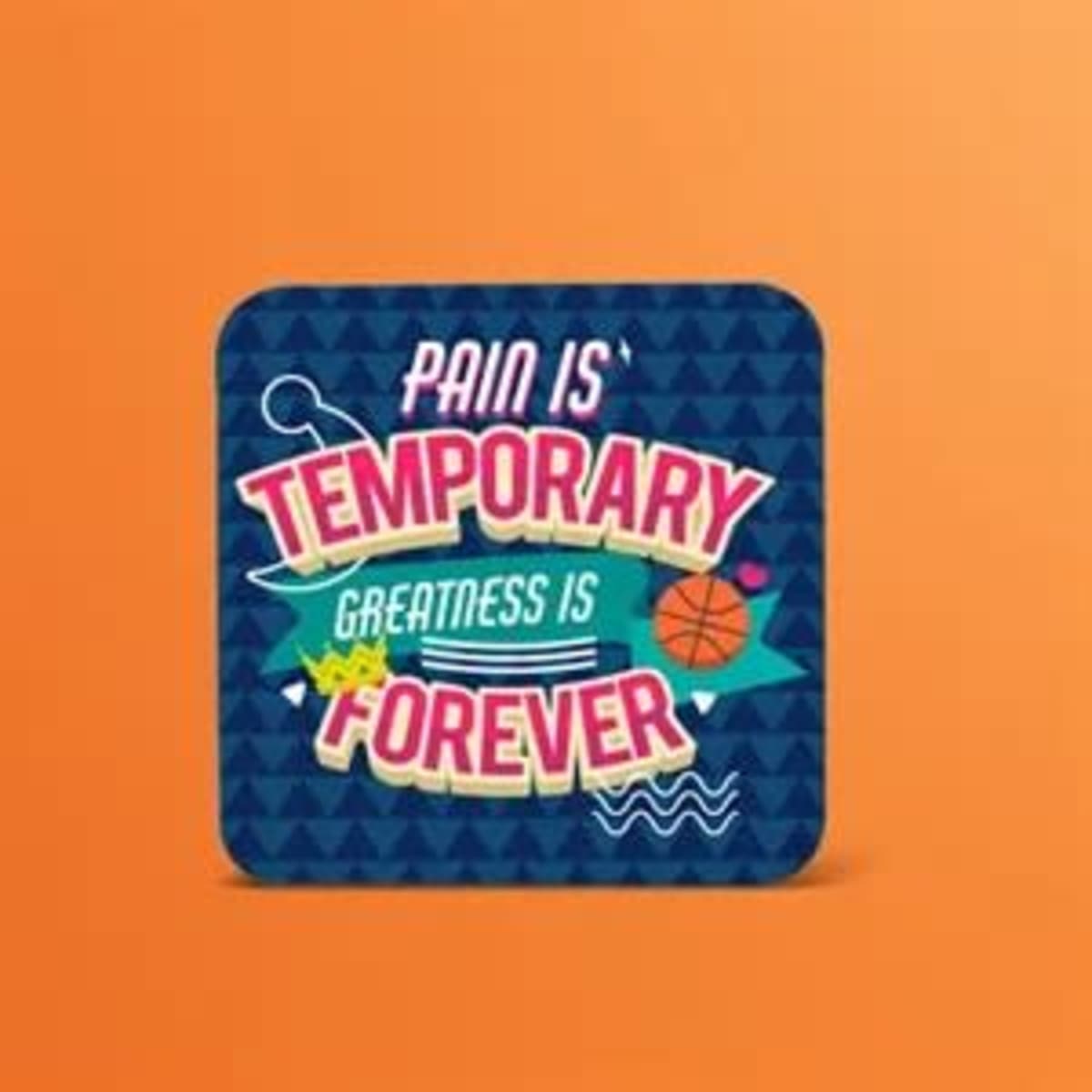 A square custom button with a blue background displaying vibrant text and illustrations related to sports.