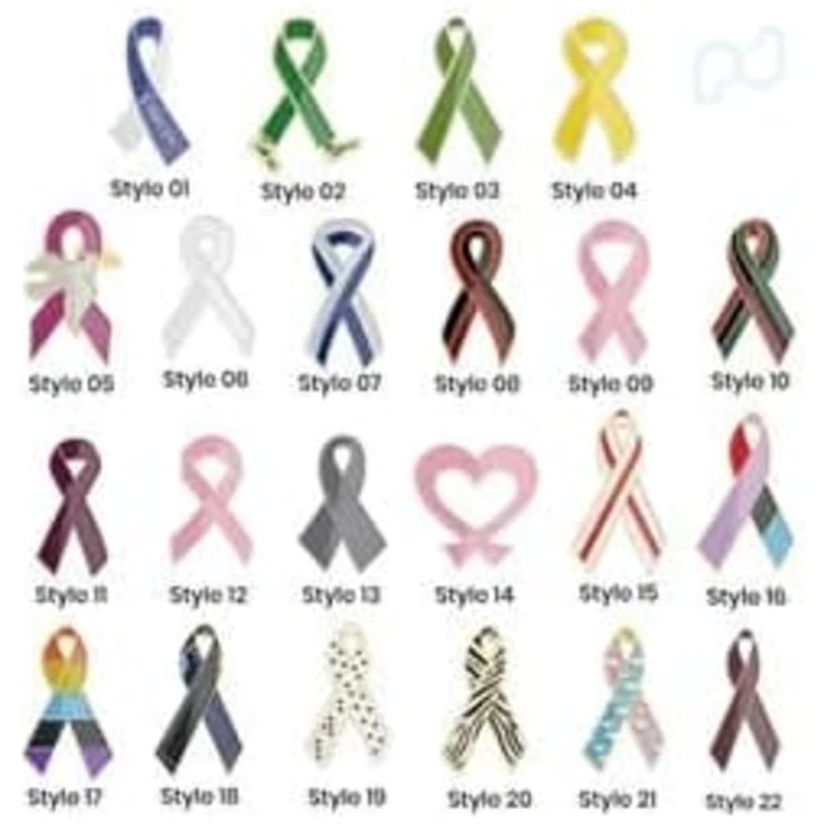 A collection of various awareness ribbon pins in different colours and styles, featuring a logo.