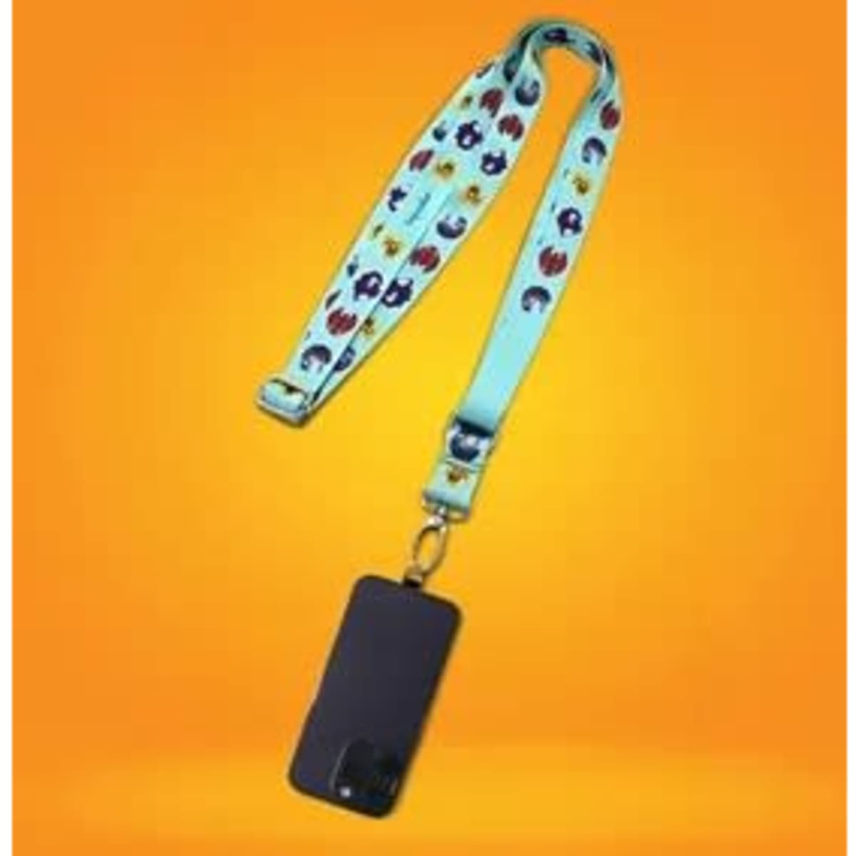 A blue polyester adjustable lanyard featuring colourful designs, holding a mobile phone at its end.