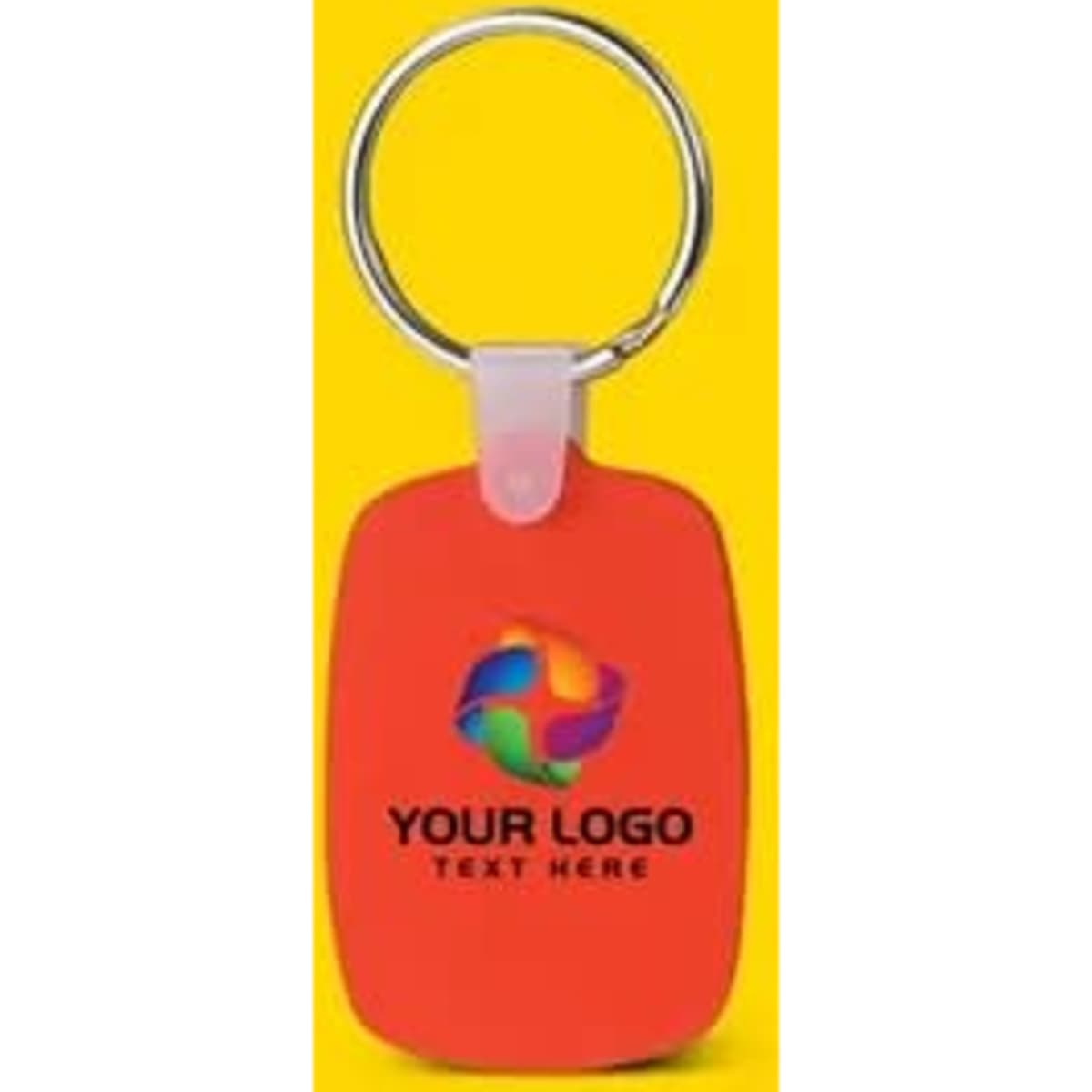 A red oval-shaped silicone keychain with a metal ring and a logo featured prominently.