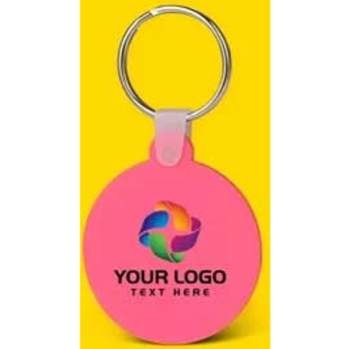 A pink silicone round key tag with a metallic keyring and space for a logo.