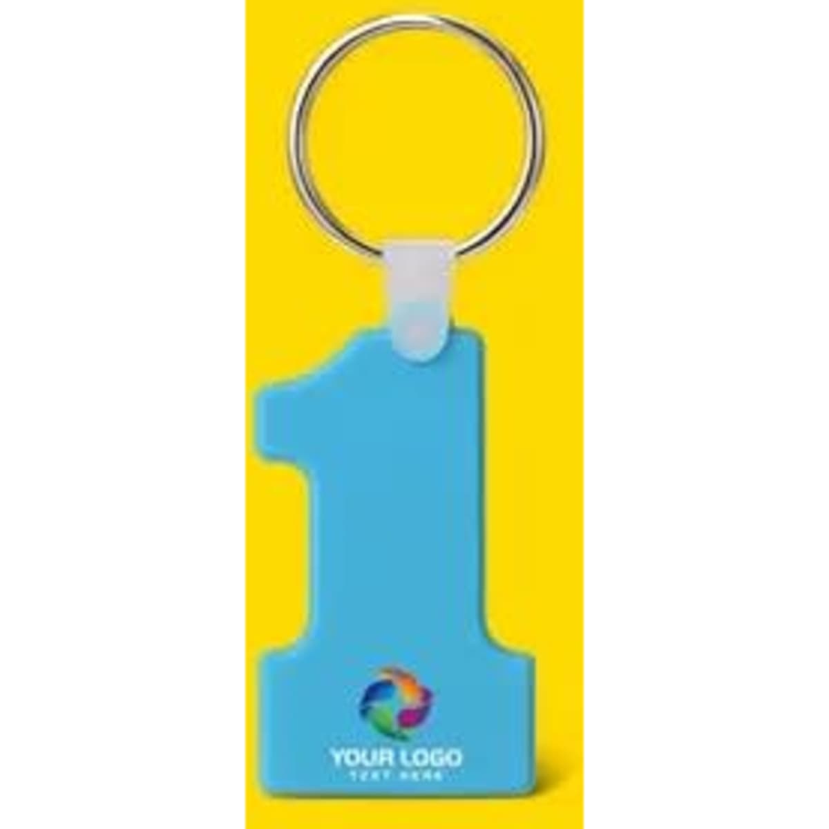 A blue number one-shaped soft silicone keychain with a silver keyring and a logo at the bottom.