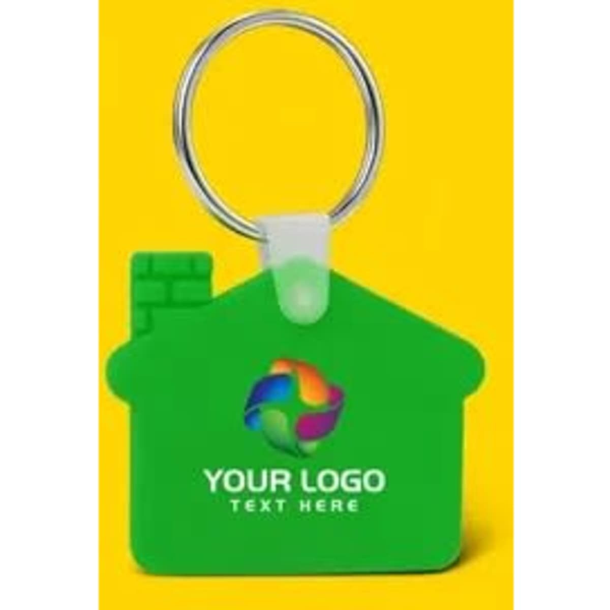 A green silicone keychain shaped like a house, featuring a circular metal ring and a logo.