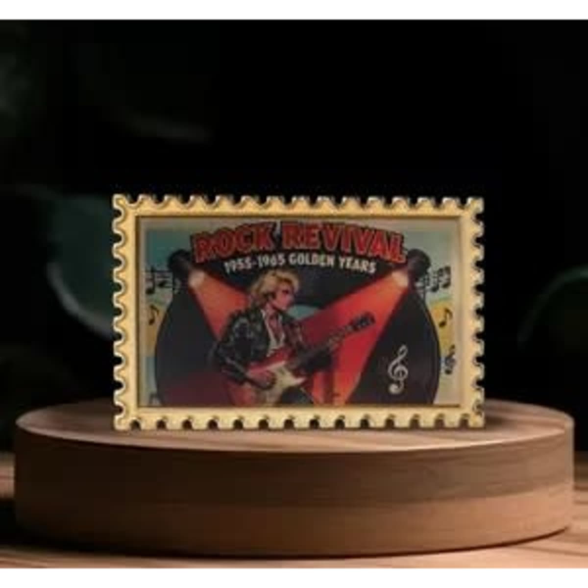 A custom lenticular card pin featuring vibrant colours, depicting a music theme with a guitarist and musical notes.