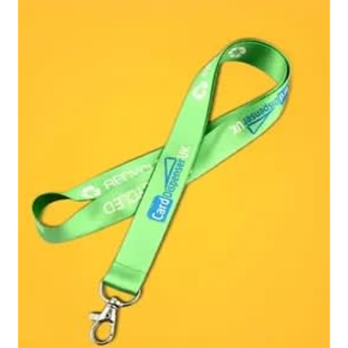 A green recycled polyester lanyard with a clip and logo, set against a bright yellow background.