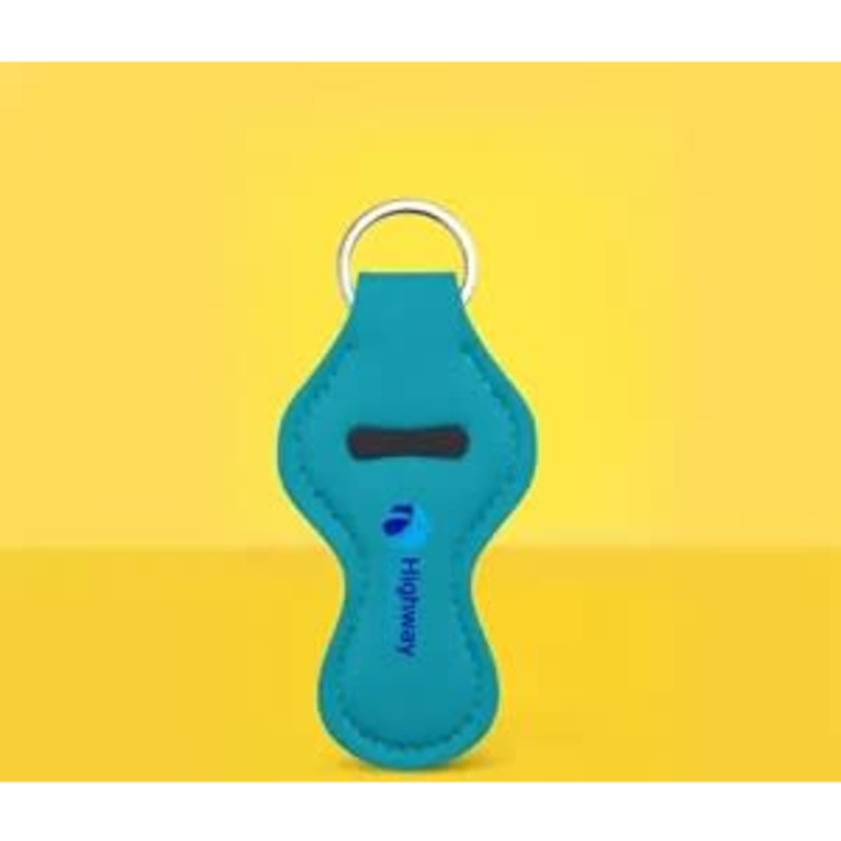 A turquoise custom chapstick holder keychain with a circular keyring and a branding logo.
