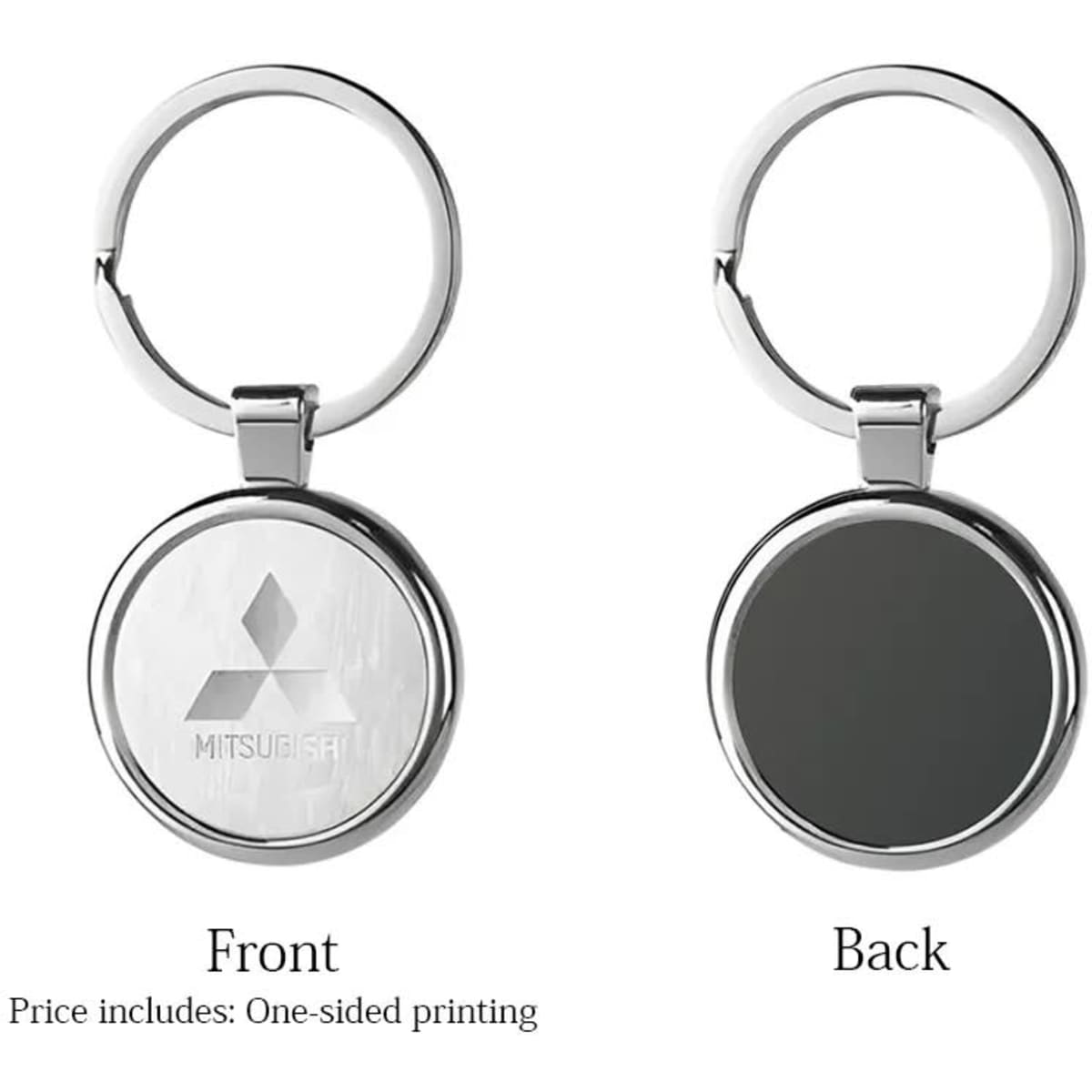 A round satin metal keychain featuring a polished front with a logo and a smooth, dark back.