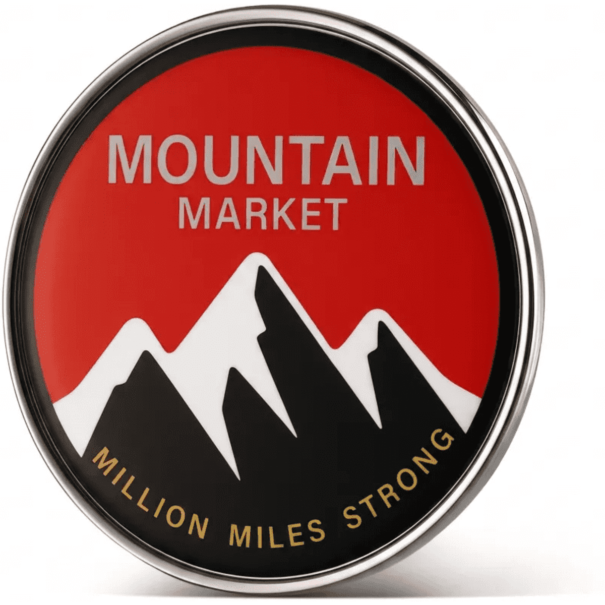 A round pin featuring a red background with mountain graphics and a logo. The pin has a glossy finish.