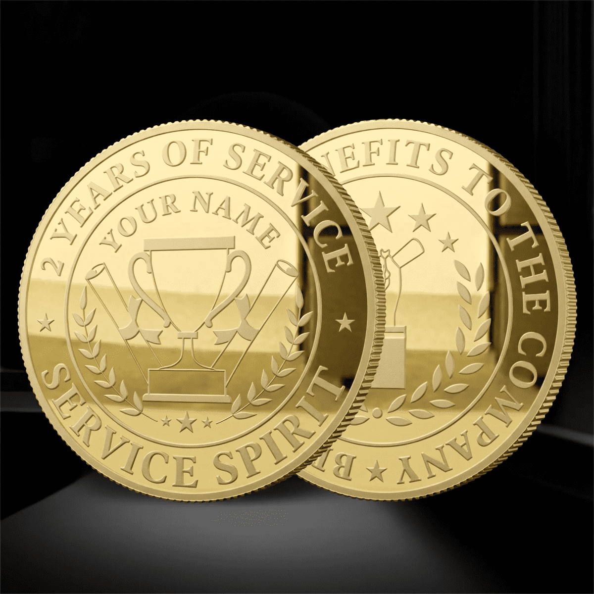 Two gold mint coins feature award symbols, surrounded by decorative text, with a logo on one side.