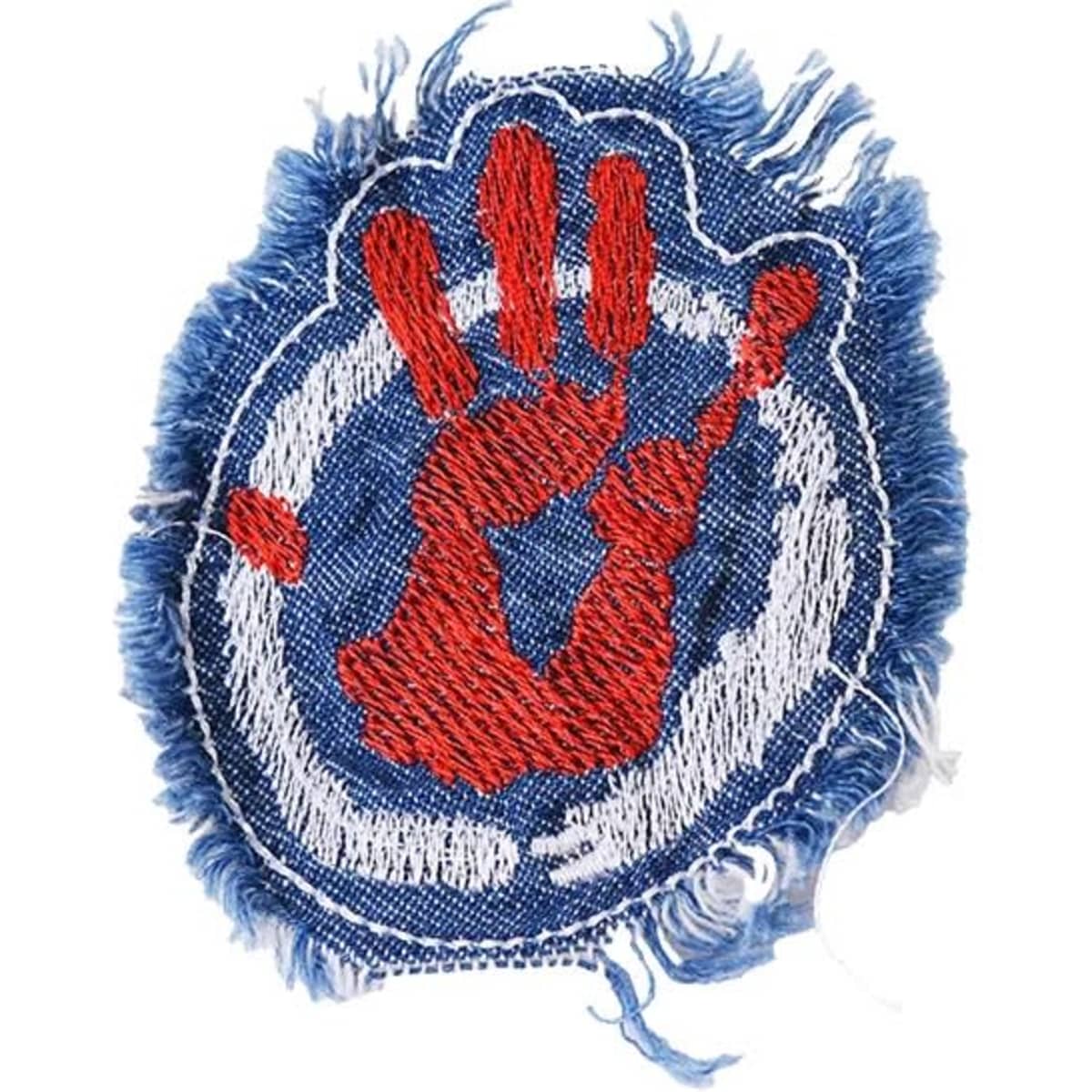 A round denim patch with a red handprint design and frayed edges, featuring a blue and white outline.