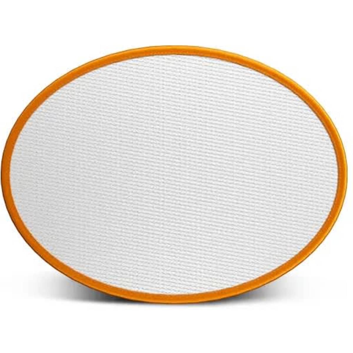 Blank oval patch with a textured white surface and an orange border, featuring a logo.
