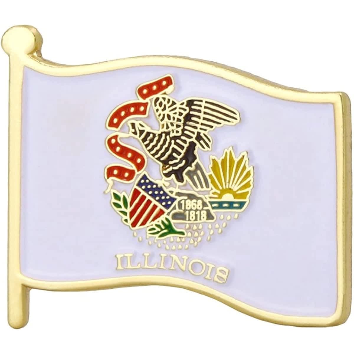 A flag pin featuring the Illinois state emblem, with gold detailing and a light blue background.