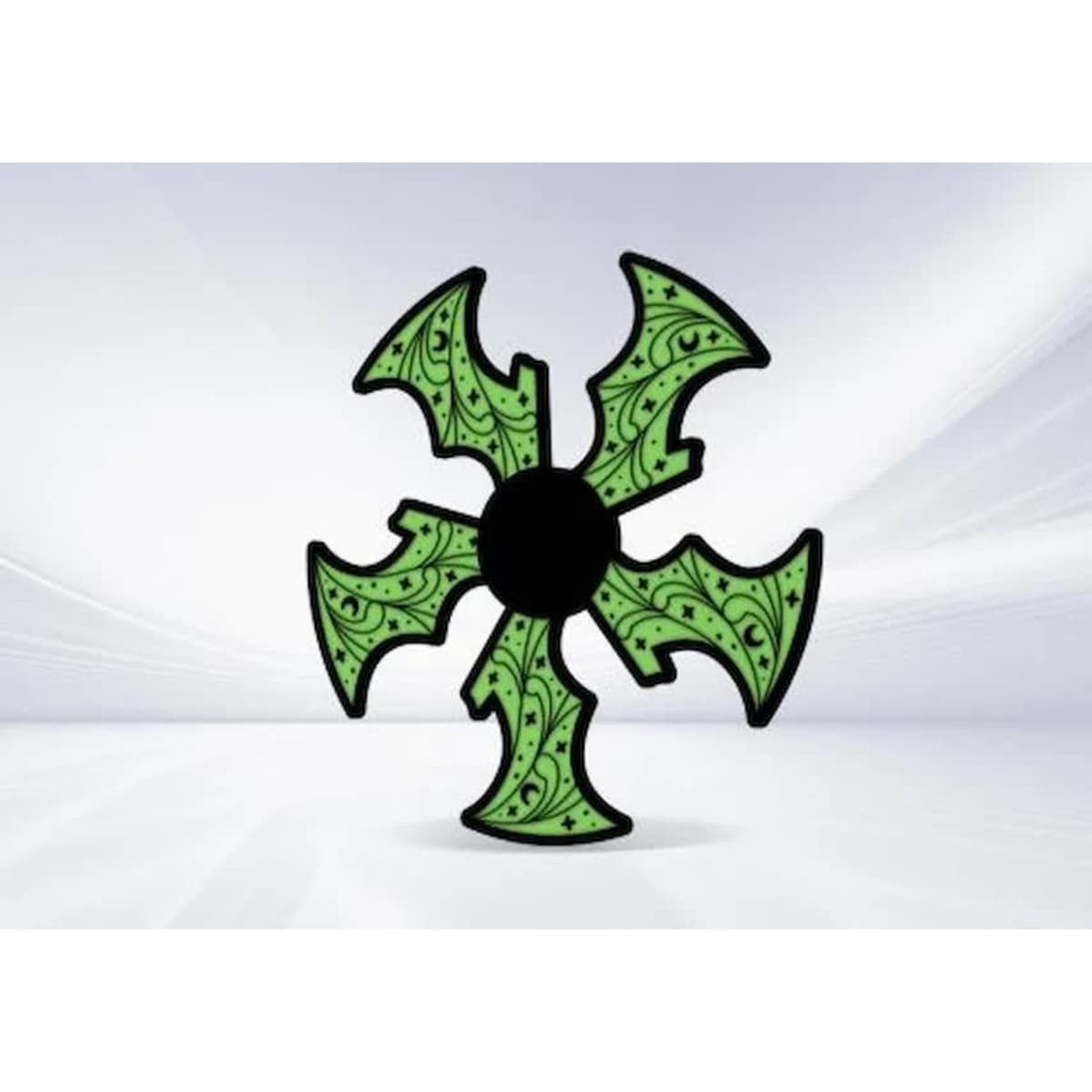 A glow-in-the-dark fidget spinner in a unique design, featuring green patterns against a black centre.